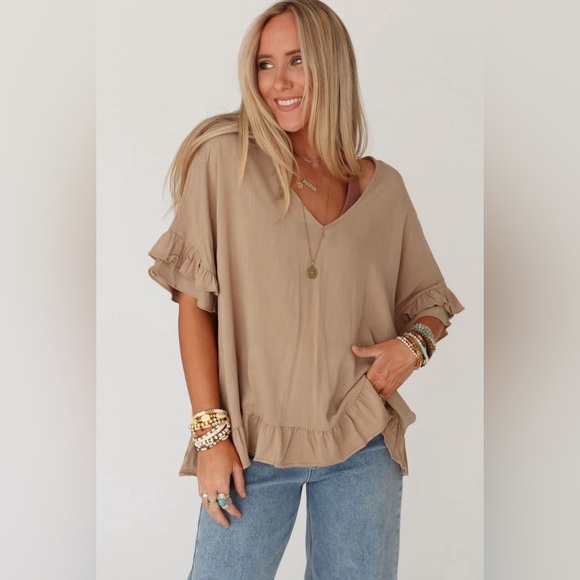 Light French Beige Loose Ruffled V Neck Blouse Bohemian Top - Picture 6 of 14